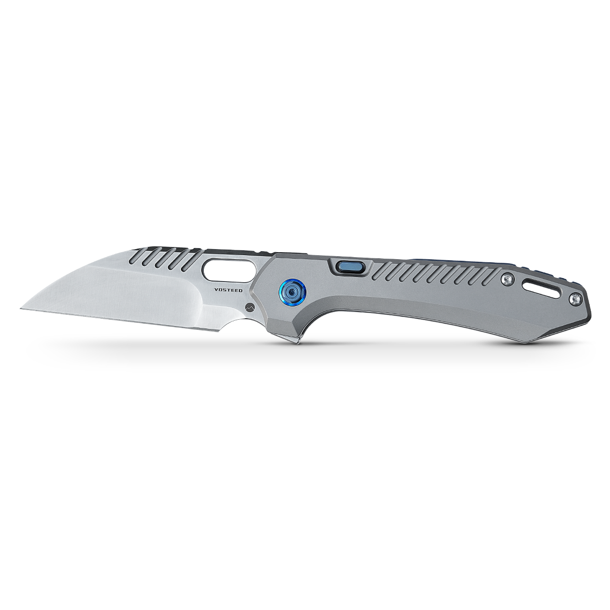 WMK EXCLUSIVE VOSTEED RSKAOS FOLDING KNIFE GRAY TITANIUM HANDLE W/ BLUE HARDWARE ELMAX WHARNCLIFFE BLADE