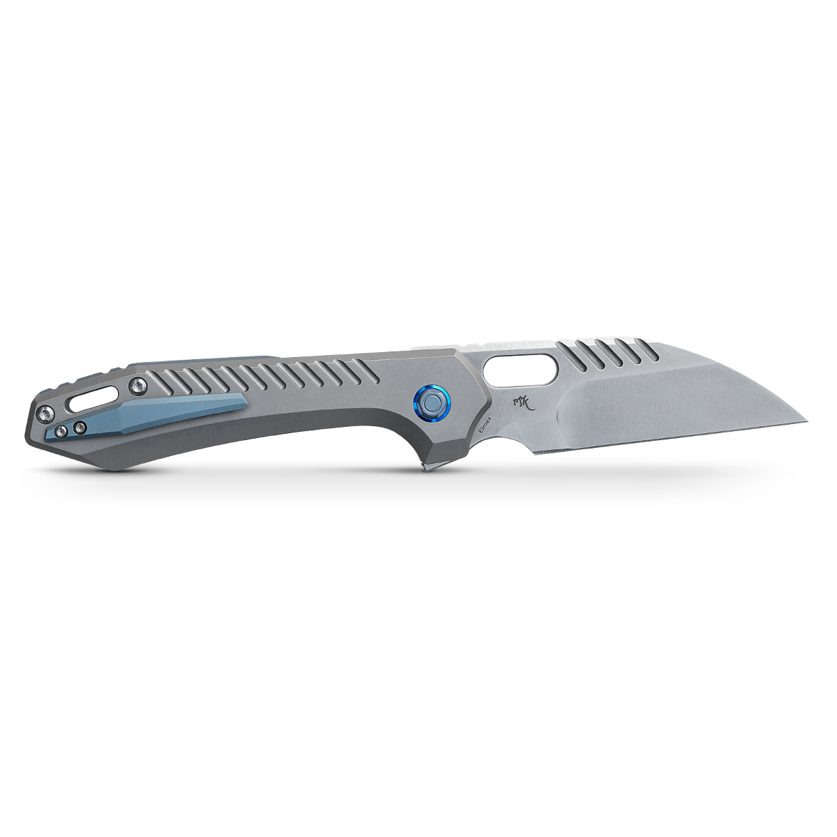 WMK EXCLUSIVE VOSTEED RSKAOS FOLDING KNIFE GRAY TITANIUM HANDLE W/ BLUE HARDWARE ELMAX WHARNCLIFFE BLADE